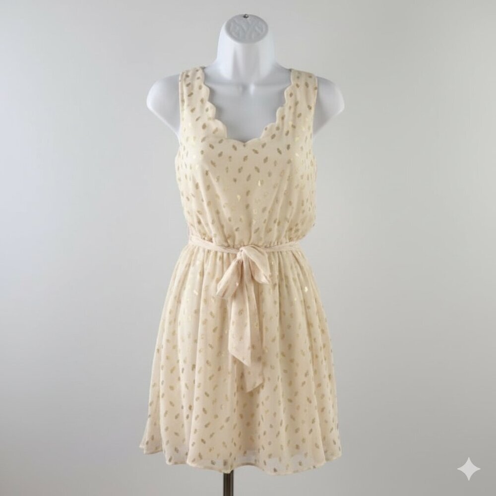 NWT By & By Cream Keyhole Back Dress with Gold Accents